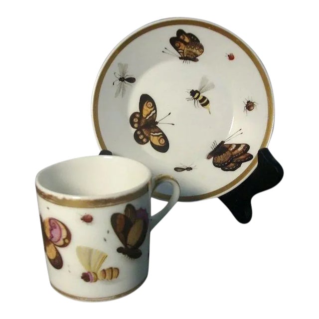 Early 19th Century Old Paris Porcelain Bug & Butterfly Pattern Cup & Saucer - A Pair For Sale
