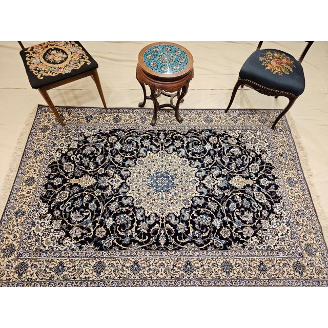Persian Vintage Fine Persian Nain Habibian Area Rug, Hand-Knotted Wool & Silk, Floral Pattern, 5x8, Navy & Ivory For Sale - Image 3 of 12