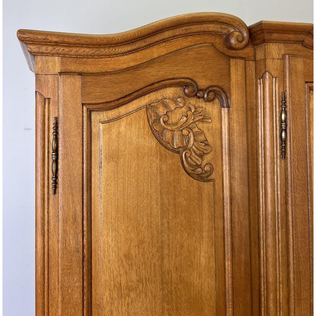 Vintage Louis XVI French Oak Four Door Carved Armoire For Sale - Image 3 of 11