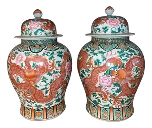 Early 20th C. Pair of Chinese Qianlong Style Porcelain Jars W/ Dragon Motifs