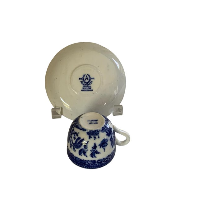 1920s Antique Allertons Blue Willow Transferware Demitasse Espresso Cup & Saucer Made in Staffordshire England C. 1930s For Sale - Image 5 of 5