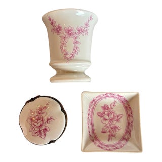 Vintage Limoges Porcelain Three-Piece Boudoir Set With Pink Roses For Sale