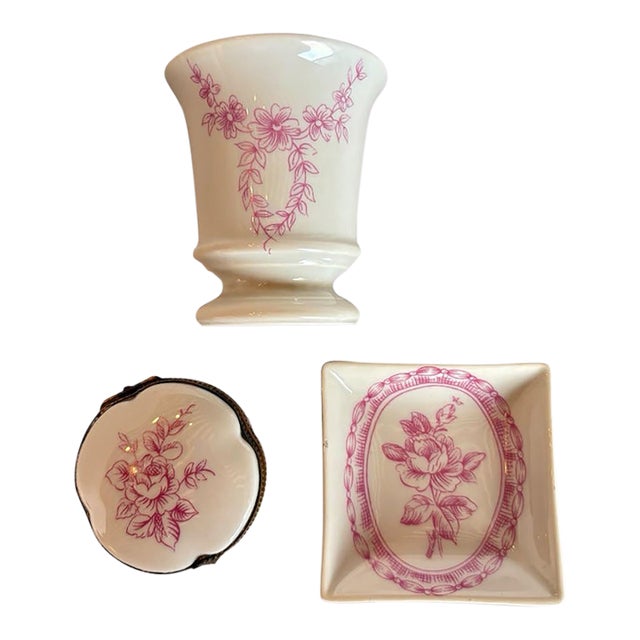 Vintage Limoges Porcelain Three-Piece Boudoir Set With Pink Roses For Sale