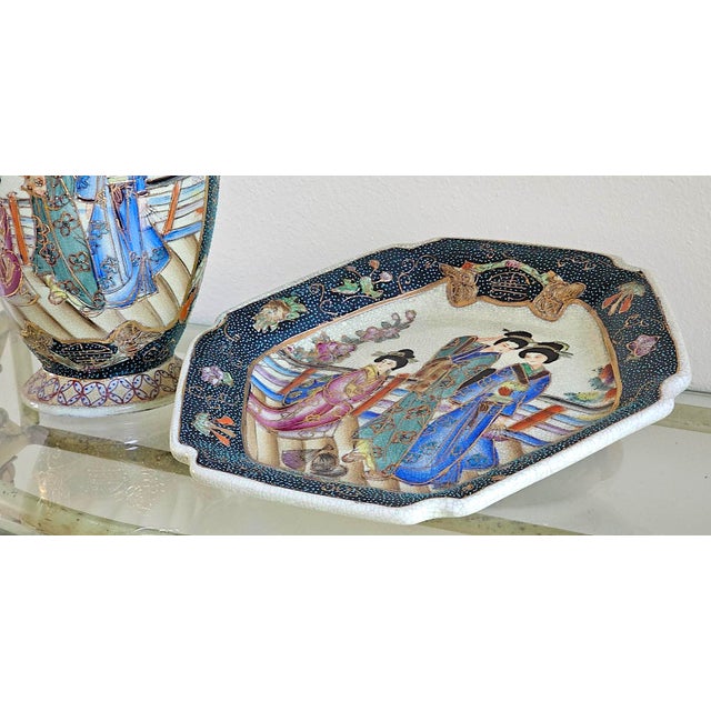Ink Blue Vintage Japanese Royal Satsuma Hand-Painted Vase & Octagonal Plate – Set of 2 For Sale - Image 8 of 18