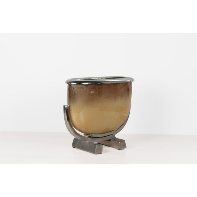 Gold Mid-Century Modern Smoked Gold Glass and Chrome Large Sculptural Jardinière For Sale - Image 8 of 14