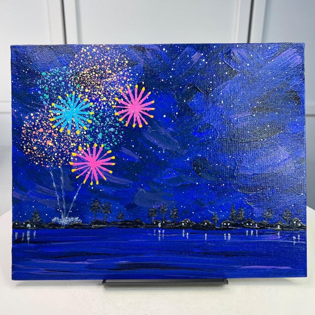 Celebrate 4 Fireworks Scene Acrylic Painting 8" X 10" Original Wall Art Unframed For Sale - Image 4 of 7