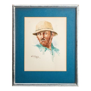Framed Mid-Century Figurative Vintage Artwork Watercolor Painting Portrait of a Man Mustache Hat For Sale