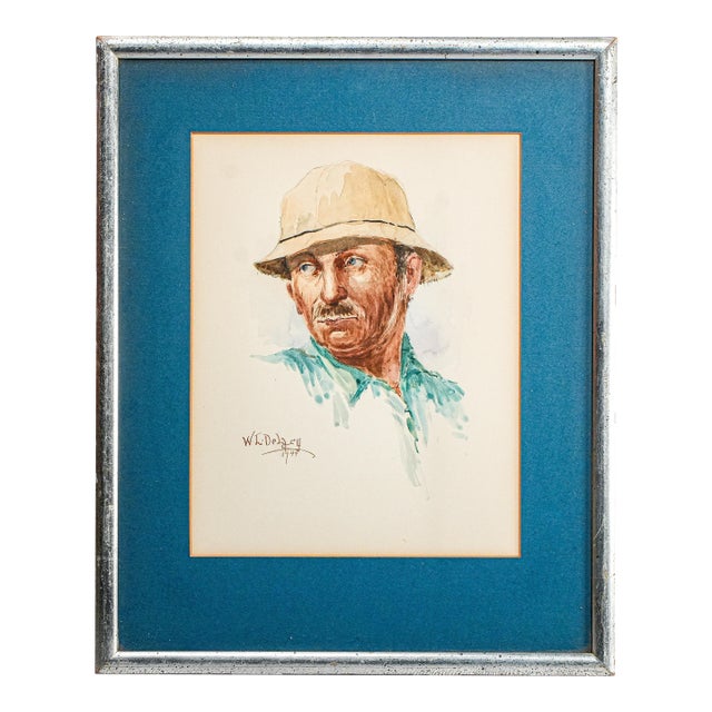 Framed Mid-Century Figurative Vintage Artwork Watercolor Painting Portrait of a Man Mustache Hat For Sale