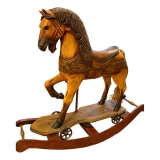 Antique Hand-Carved Wooden Rocking Horse with Original Paint, 1890s For Sale