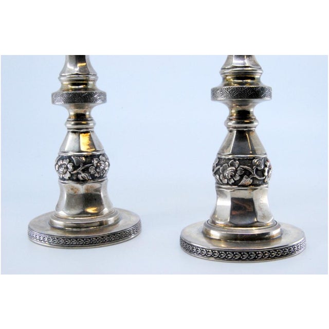 Silver Candlesticks with Turned Stems and Embossed Floral Motifs, Set of 2 For Sale - Image 4 of 12