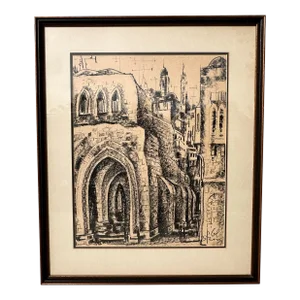Jossi Stern Framed Signed Original Charcoal Drawing Old Jerusalem Judaica Painting