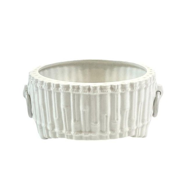Hollywood Regency Vintage Italian White Faux Bamboo Glazed Ceramic Cache Pot / Cachepot / Jardinere/ Planter With Ring Handles by Mottahedeh, Circa 1960 For Sale - Image 3 of 8