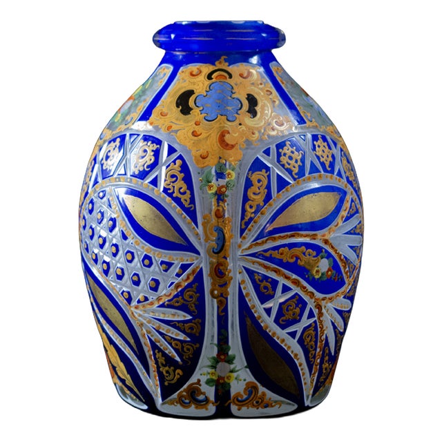 Blue and White Cut Crystal Overlay Vase with Enamel and Gilt Decoration, 19th Century For Sale