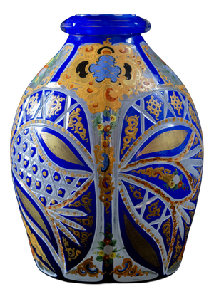 Blue and White Cut Crystal Overlay Vase with Enamel and Gilt Decoration, 19th Century