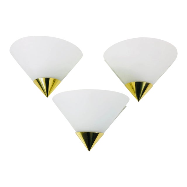 1970s Mid-Century Brass and Opaline Glass Wall Lamps by Limburg - Set of 3 For Sale
