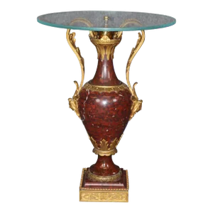 Superb Rouge Marble Urn Form Figural Bronze Mounted Glass Top Occasional Table