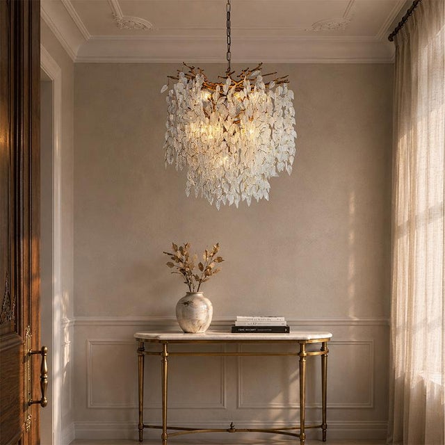Metal Aloadecor 11-Light 22'' Modern Branch Chandelier With Glass Leaves in Painted Brass for Dining Room and Entryway For Sale - Image 7 of 12