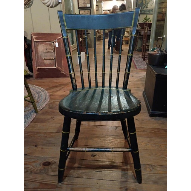 19Thc Original dark green painted thumb back Windsor chairs with mustard trim.Set of five chairs with trim.The set is very...