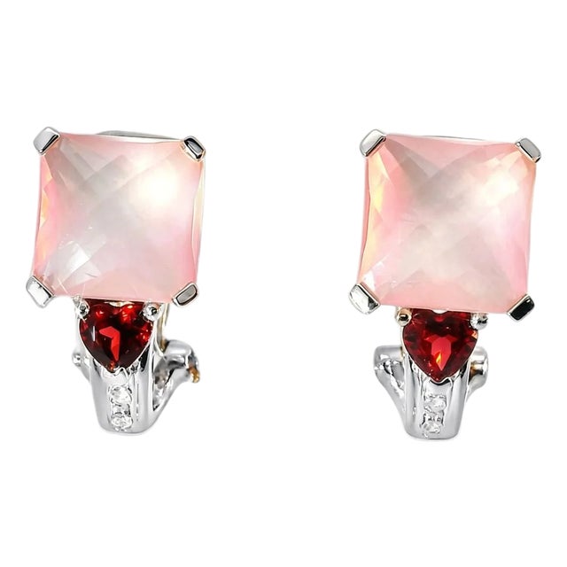 Late 20th Century Pair of 14K White Gold Rose Quartz Garnet Heart Diamond Earrings For Sale