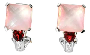Late 20th Century Pair of 14K White Gold Rose Quartz Garnet Heart Diamond Earrings