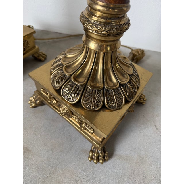 Vintage Neoclassical Style Brass & Leather Column Floor Lamps — A Pair For Sale - Image 4 of 12