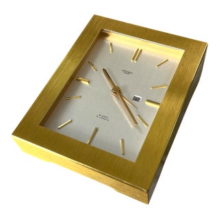Vintage Hermès 8-Day Brushed Gilt Brass and Silk-Textured Silver Desk Clock — Swiss, C. 1960s–70s For Sale