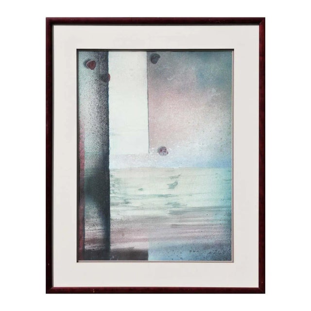 Blue, green, pink, abstract with red accents depicting what appears to be an interior scene with small red beans on a...