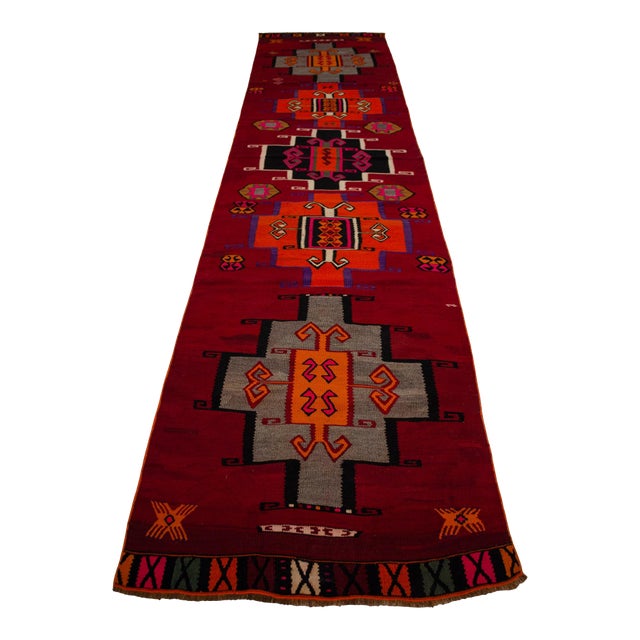 Vintage Runner Rug Kilim• Turkish Handwoven Tribal Flat Weave • Hallway Kitchen Decor - 3′4″ × 14′4″ For Sale