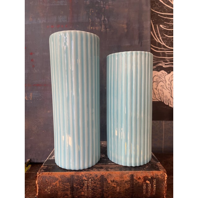 Early 21st Century Turquoise Ribbed Ceramic Vases - a Pair For Sale - Image 9 of 11