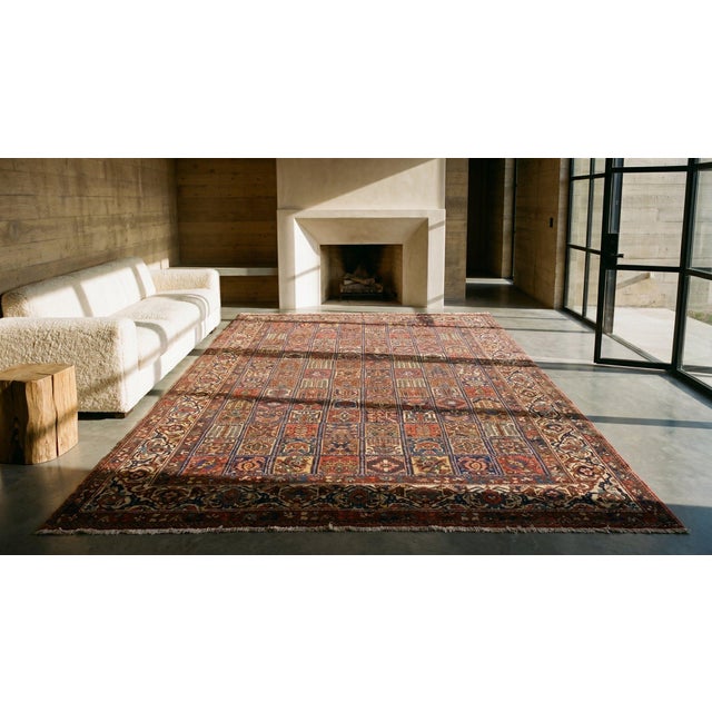 Masterful Multi Color Ground With Gardens Details in a Geometric Design Antique Persian Bakhtiari Rug For Sale - Image 10 of 11