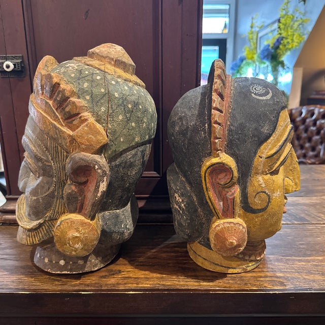 Saffron Mid 20th Century Pair of Indian Folk Art Heads, Male & Female Door Gaurds For Sale - Image 8 of 12