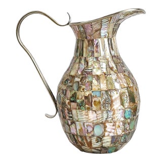 Alpaca Silver Pitcher With Abalone Shell - 1950s Los Castillo Style For Sale