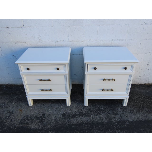 Wood Hollywood Regency Brass Bamboo Handles Tall Nightstands End Tables a Pair 6352 For Sale - Image 7 of 18