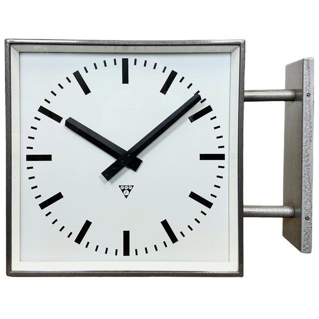 Large Industrial Square Double Sided Factory Wall Clock from Pragotron, 1970s For Sale