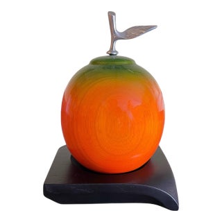 Turned Wood Apple Sculpture With Metal Stem and Ebonized Wood Base For Sale