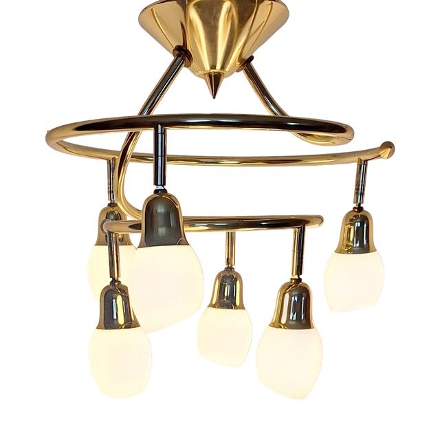 Vintage Ceiling Lamp with Spiral Brass Frame and 6 Opaque White Glass Shades, 1990s For Sale