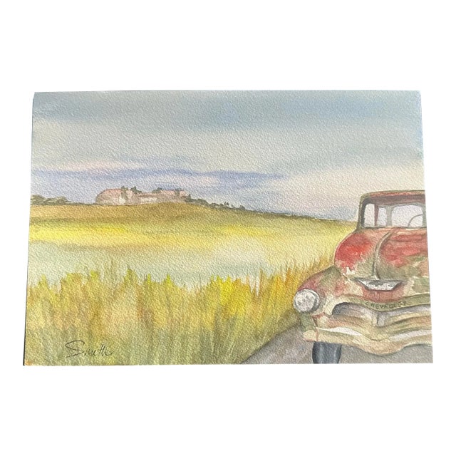 Original Watercolor Landscape “Chevy by the Side of the Road” For Sale