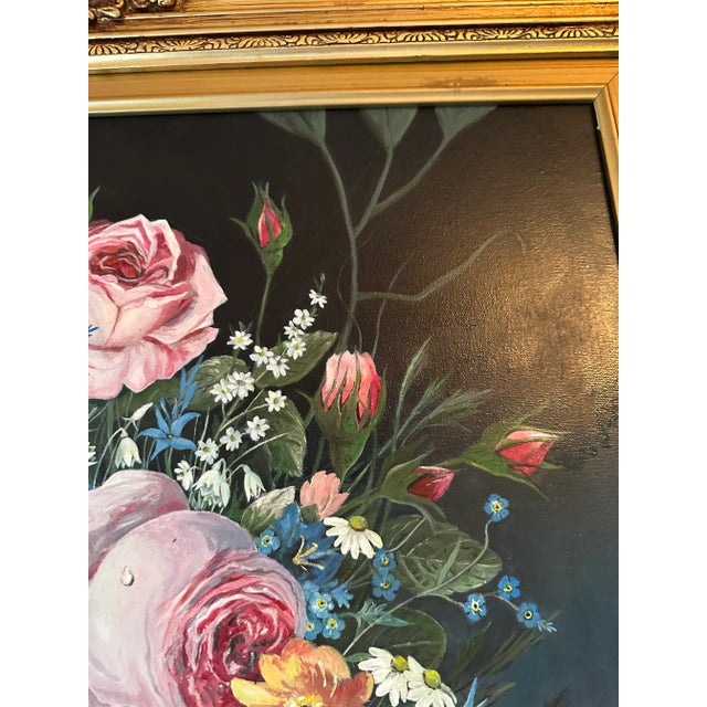 Large Framed Vintage Oil on Canvas Victorian Style Floral Painting For Sale - Image 4 of 13
