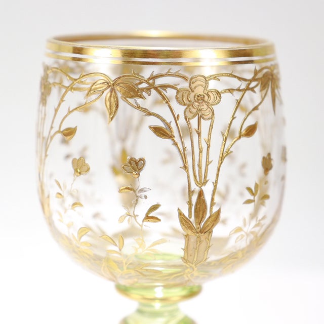 1900 - 1909 1900 Set of 6 Gilt German or Bohemian Art Nouveau Clear & Green Glass Wine Goblets For Sale - Image 5 of 18