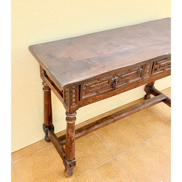 Spanish Walnut Console Table with Geometric Carved Drawers, 1920s For Sale - Image 13 of 17