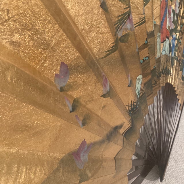 Mid Century Monumental Hand-Painted Figural Chinoiserie Wall Fan: Woman in Garden For Sale - Image 9 of 12