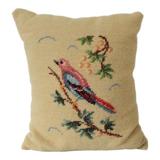 Vintage Needlepoint Accent Pillow With Bird Motif For Sale