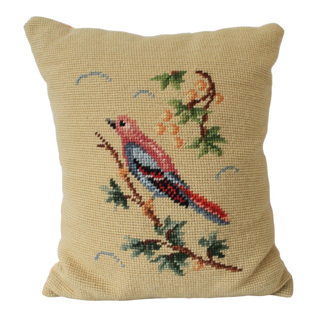 Vintage Needlepoint Accent Pillow With Bird Motif For Sale