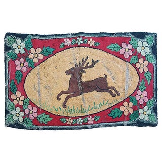 19th C. Stag Hand Hooked Wall Hanging For Sale