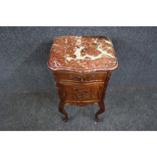 French Walnut & Marble Carved Nightstand For Sale - Image 3 of 11