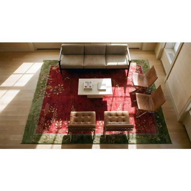 Magistral Red Rust Background and Green Border Color With Floral Design Antique Chinese Art Deco Rug For Sale - Image 13 of 15