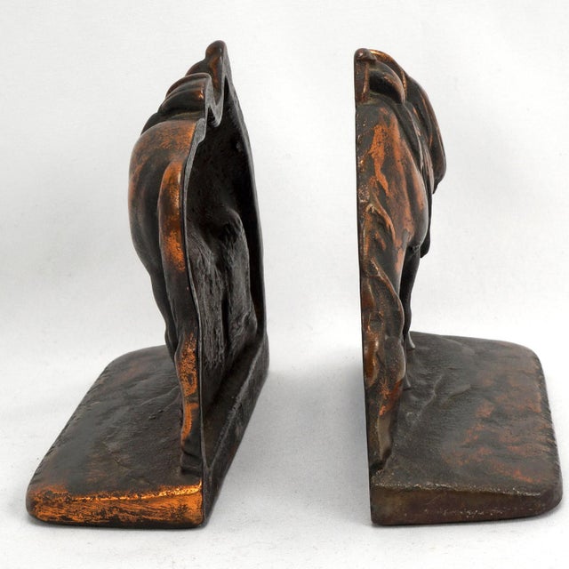 American Pair of Cast Iron Riderless Iron Horse Bookends Copper Patina Circa 1930 For Sale - Image 3 of 10