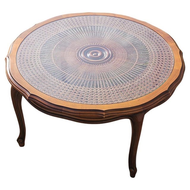 Authentic French big round Cane and Glass Coffee Table from the 60s. Made of Cherry Wood, richly decorated with Wood...