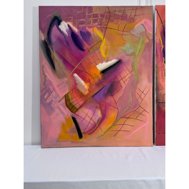 Vintage Contemporary Abstract Expressionism Diptych Original Oil Paintings, a Pair, Magenta, Orange & Plum For Sale - Image 17 of 18