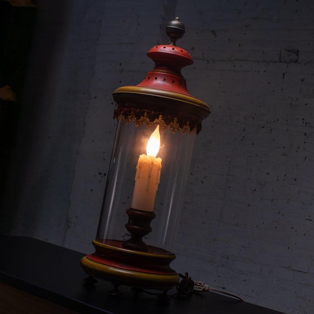 Mid 20th Century 1960-1970’s Campaign Style Hurricane Lantern Table Lamp Orange & Yellow Painted Metal Frame & Brass Accents For Sale - Image 5 of 18